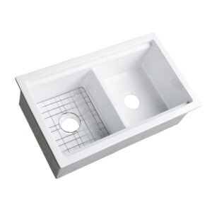 Eden 32" crisp white fireclay double bowl workstation sink with bottom grid and cutting board