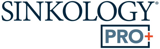 Sinkology® Pro+ logo. PRO text in light blue contained in a white block with a dark blue border and a bright orange plus symbol on the right side of the block.