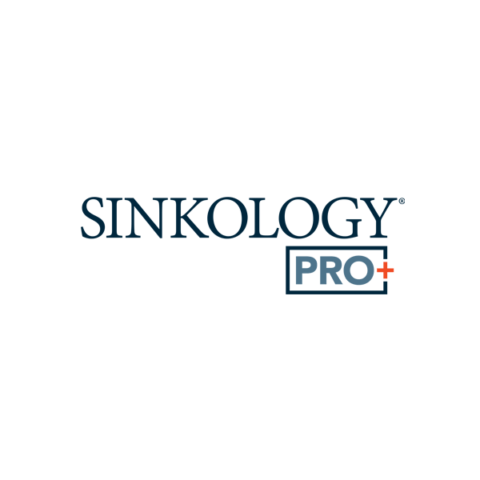 Sinkology® Pro+ logo. PRO text in light blue contained in a white block with a dark blue border and a bright orange plus symbol on the right side of the block.