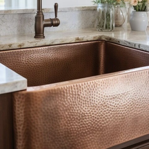 Large hand hammered copper farmhouse kitchen sink with bronze faucet, dark cabinets and countertop with vase of flowers for decor