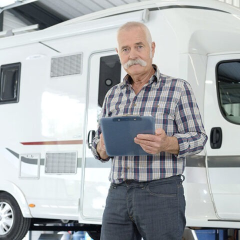A male with a mustache standing in front of a modern camper holding a clip board