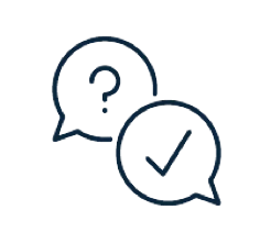 Icon of a two thought bubbles, one with a question mark and one with a check mark to convey support