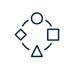 Icon of various shapes, circle, square, triangle, to convey versatility