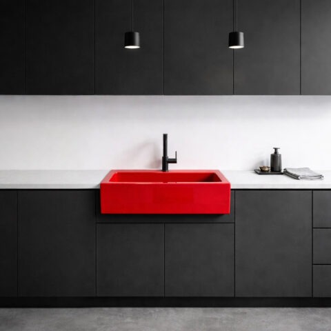 Modern kitchen with black cabinets, white walls and light countertop featuring a bright bold gloss red quick-fit fireclay farmhouse sink.