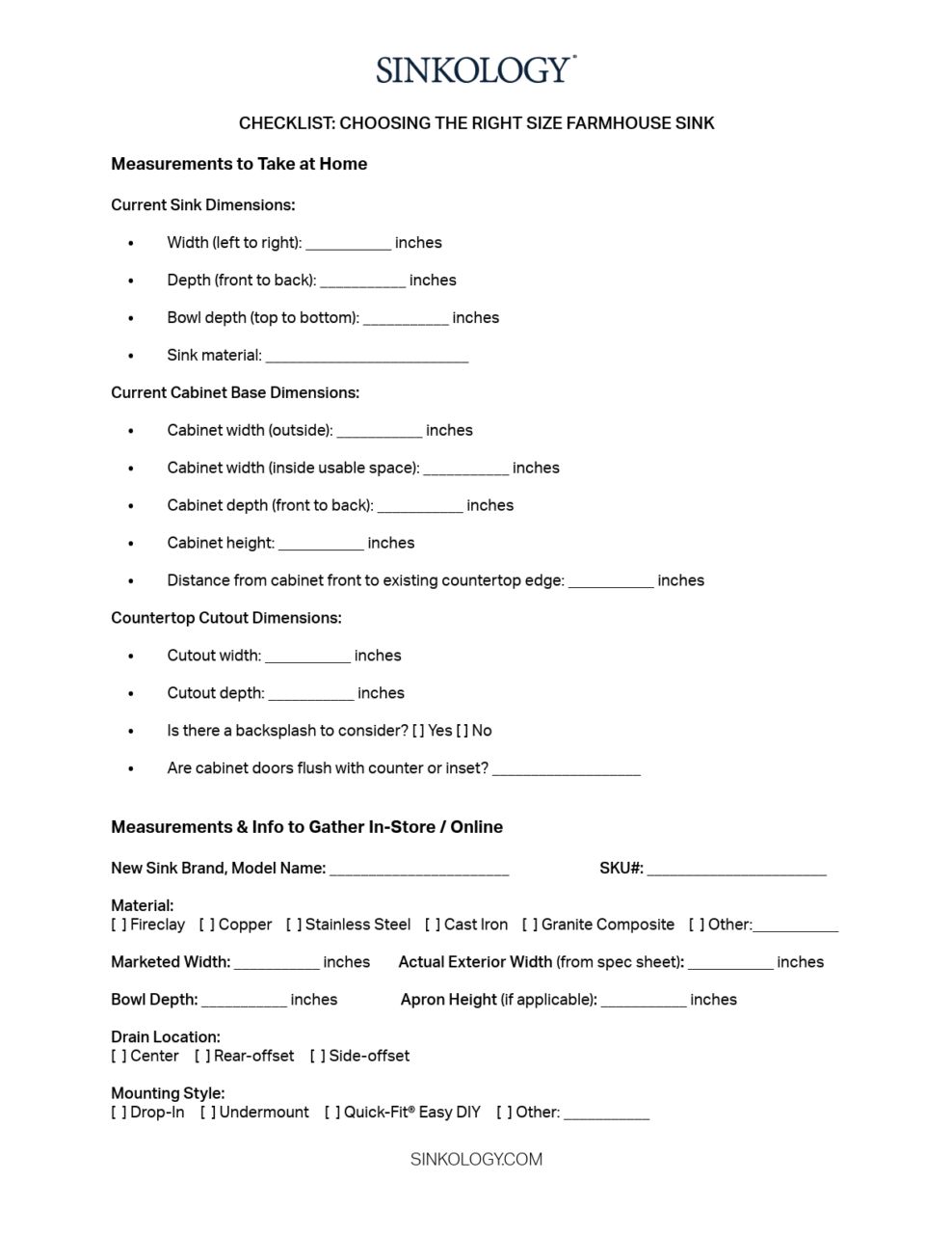 Kitchen Farmhouse Sink Size Checklist - Download for a full list of things to know before you go shopping.