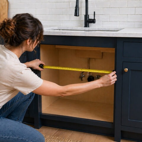 Woman kneeling down measuring the width of her navy blue kitchen cabinets with a tape measure