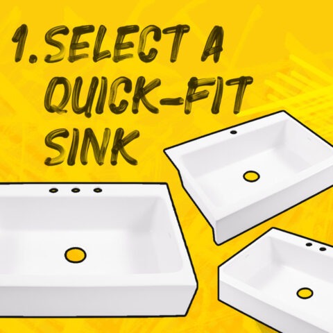 1. Select A Quick-Fit Sink. Yellow graffiti style background with 3 white fireclay quick-fit sinks