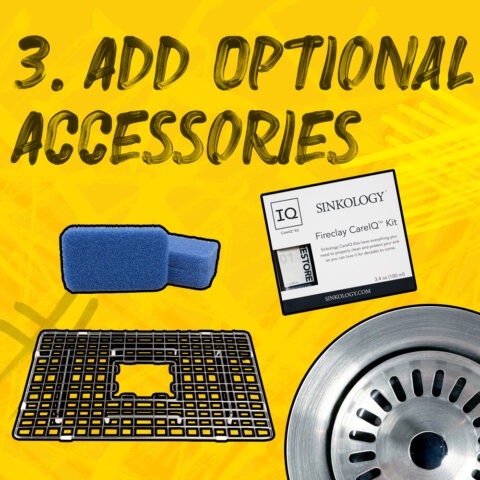 3. Add Optional Accessories. Yellow graffiti style background with various accessories featured - scrubber, Care IQ Kit, bottom grid and drain.