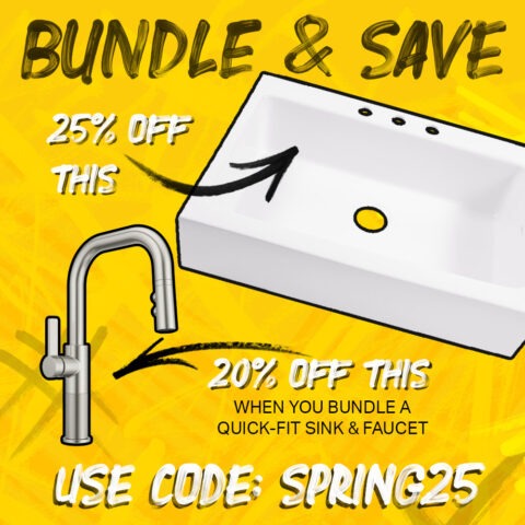 Yellow distressed background with white Quick-Fit fireclay sink and stainless faucet in pop-art style. Bundle & Save when you purchase a Quick-Fit Sink and add a Faucet. Use code: SPRING25