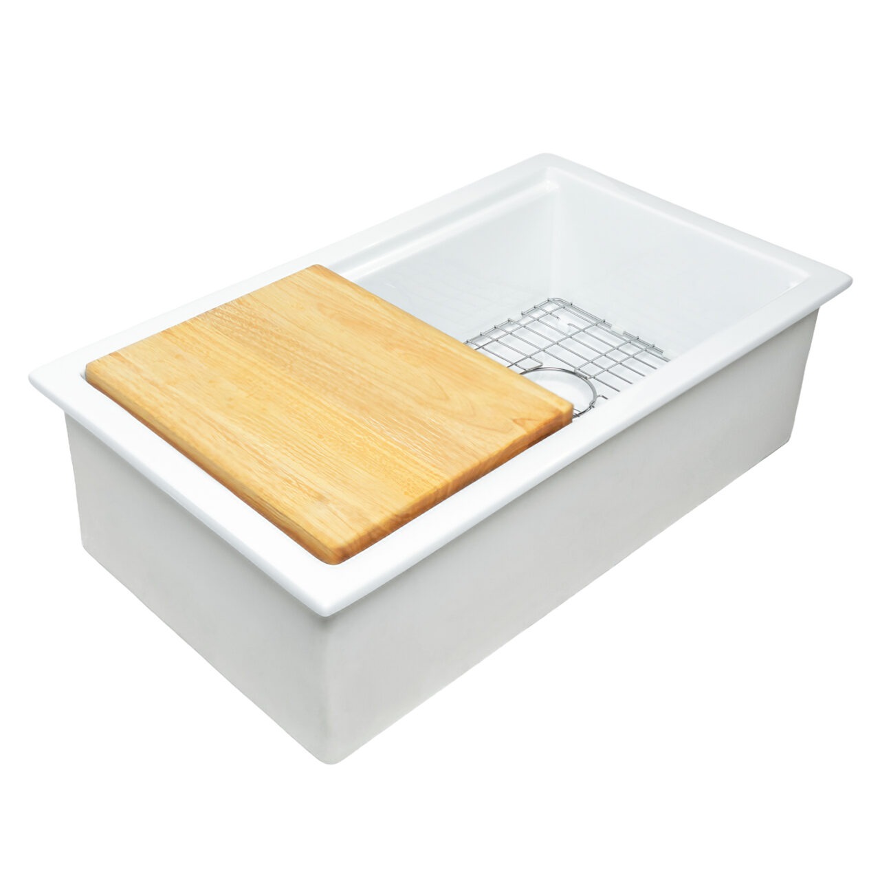 Eden 32" white fireclay single bowl undermount workstation kitchen sink with a wood cutting board, stainless steel bottom grid and 3.5" drain hole.
