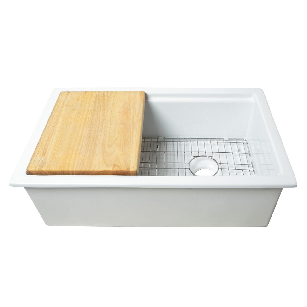 Eden 32" white fireclay single bowl undermount workstation kitchen sink with a wood cutting board, stainless steel bottom grid and 3.5" drain hole.