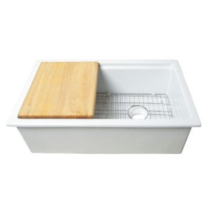 Eden 32" white fireclay single bowl undermount workstation kitchen sink with a wood cutting board, stainless steel bottom grid and 3.5" drain hole.
