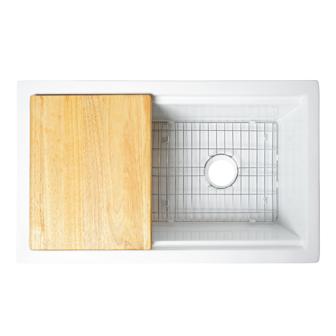 Eden 32" white fireclay single bowl undermount workstation kitchen sink with a wood cutting board, stainless steel bottom grid and 3.5" drain hole.