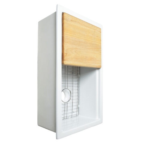 Eden 32" white fireclay single bowl undermount workstation kitchen sink with a wood cutting board, stainless steel bottom grid and 3.5" drain hole.