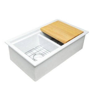 Eden 32" white fireclay double bowl undermount workstation kitchen sink with a wood cutting board, dual stainless steel bottom grids and 3.5" drain holes