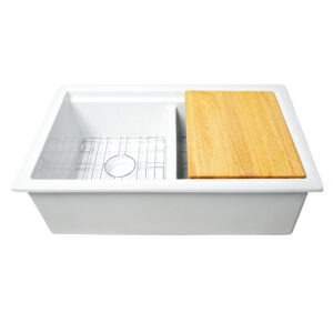 Eden 32" white fireclay double bowl undermount workstation kitchen sink with a wood cutting board, dual stainless steel bottom grids and 3.5" drain holes