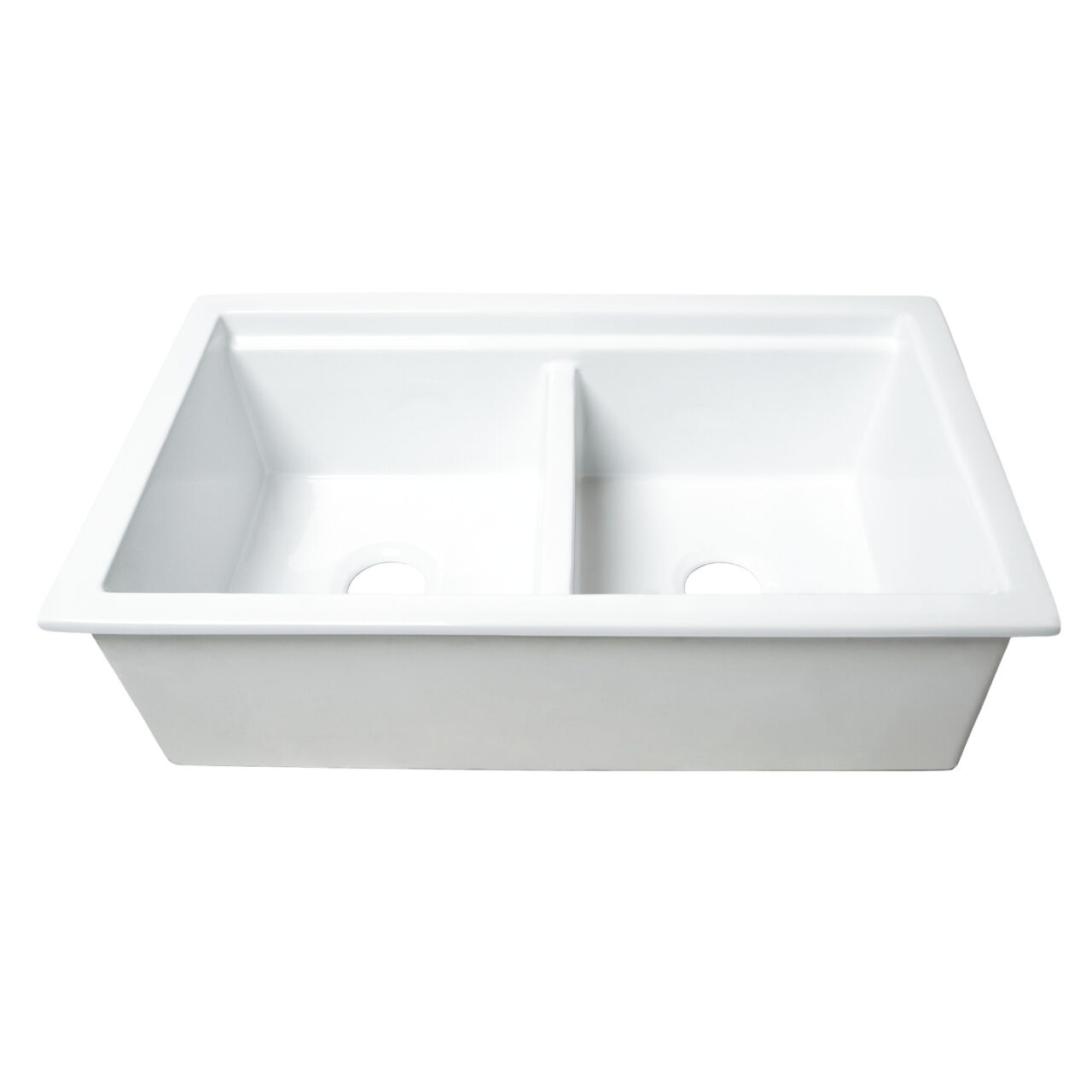 Eden 32" white fireclay double bowl undermount workstation kitchen sink with a wood cutting board, dual stainless steel bottom grids and 3.5" drain holes