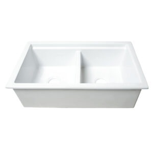 Eden 32" white fireclay double bowl undermount workstation kitchen sink with a wood cutting board, dual stainless steel bottom grids and 3.5" drain holes