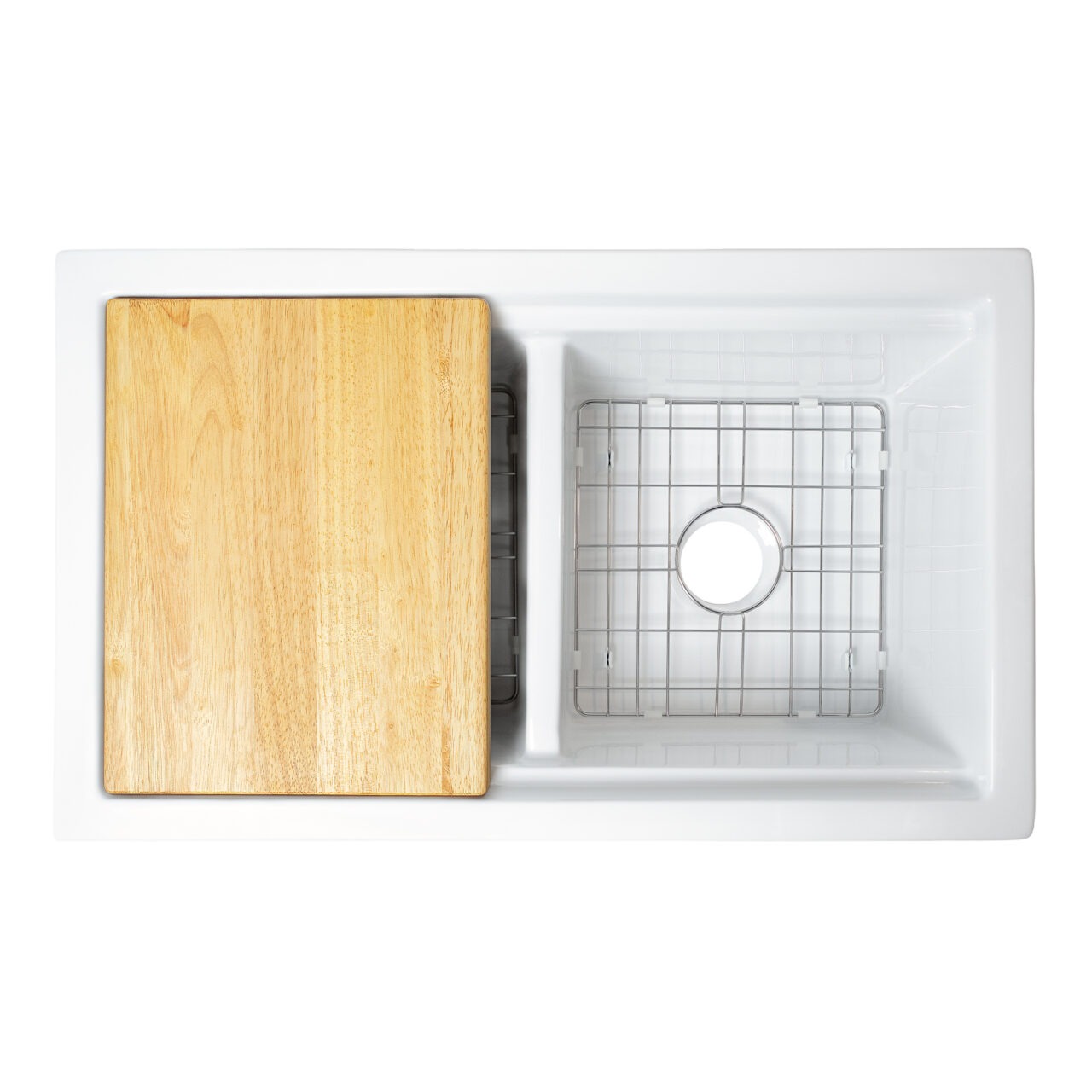 Eden 32" white fireclay double bowl undermount workstation kitchen sink with a wood cutting board, dual stainless steel bottom grids and 3.5" drain holes