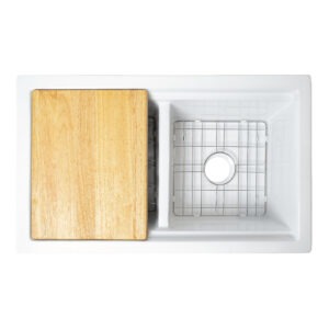 Eden 32" white fireclay double bowl undermount workstation kitchen sink with a wood cutting board, dual stainless steel bottom grids and 3.5" drain holes