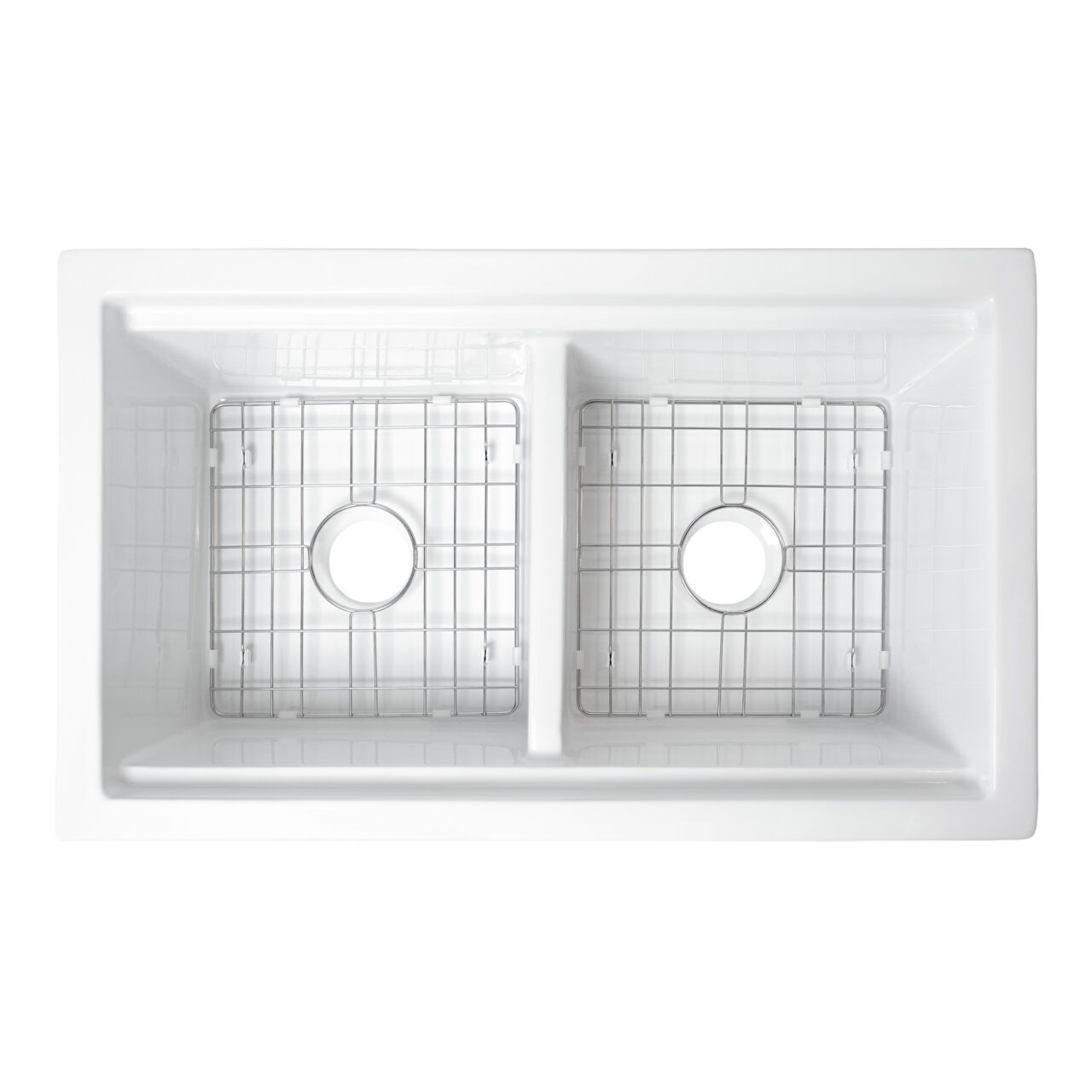 Eden 32" white fireclay double bowl undermount workstation kitchen sink with a wood cutting board, dual stainless steel bottom grids and 3.5" drain holes