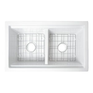 Eden 32" white fireclay double bowl undermount workstation kitchen sink with a wood cutting board, dual stainless steel bottom grids and 3.5" drain holes