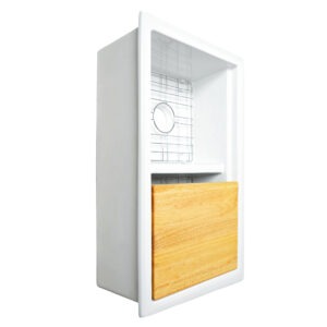 Eden 32" white fireclay double bowl undermount workstation kitchen sink with a wood cutting board, dual stainless steel bottom grids and 3.5" drain holes